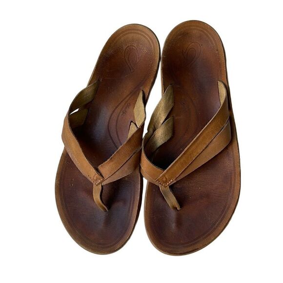 OLUKAI Kaekae Tan Brown Leather Flip Flop Sandals Size 8.5-9 - Picture 4 of 6
